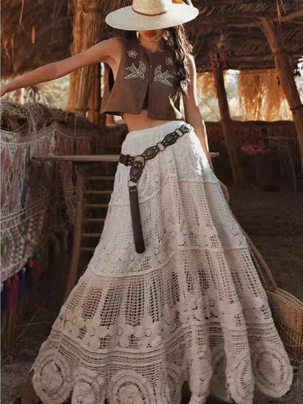 Boho Crochet Maxi Skirt in Ivory